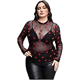 WDIRARA Women's Plus Size Floral Print Sheer Mesh Top Round Neck Long Sleeve Blouse