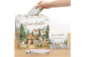 CAISEHABU Woodland Baby Shower Decorations Diaper Raffle Box with 50 Tickets Cards for Boy Baby Shower Decorations, Forest Creatures Theme Baby Shower Ideas