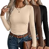 Velvelhall 3 Pack Women's Long Sleeve Shirts Side Ruched Crew Neck Slim Fit Basic Tees Casual Stretchy Going Out Tops