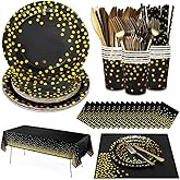 129PCS Black Gold Paper Plates Party Supplies Dinnerware Sets for 16 Guests, Disposable Paper Party Plates, Dessert Plates, Cups, Napkins, Plastic Spoons, Forks, Knives for Wedding, Birthday