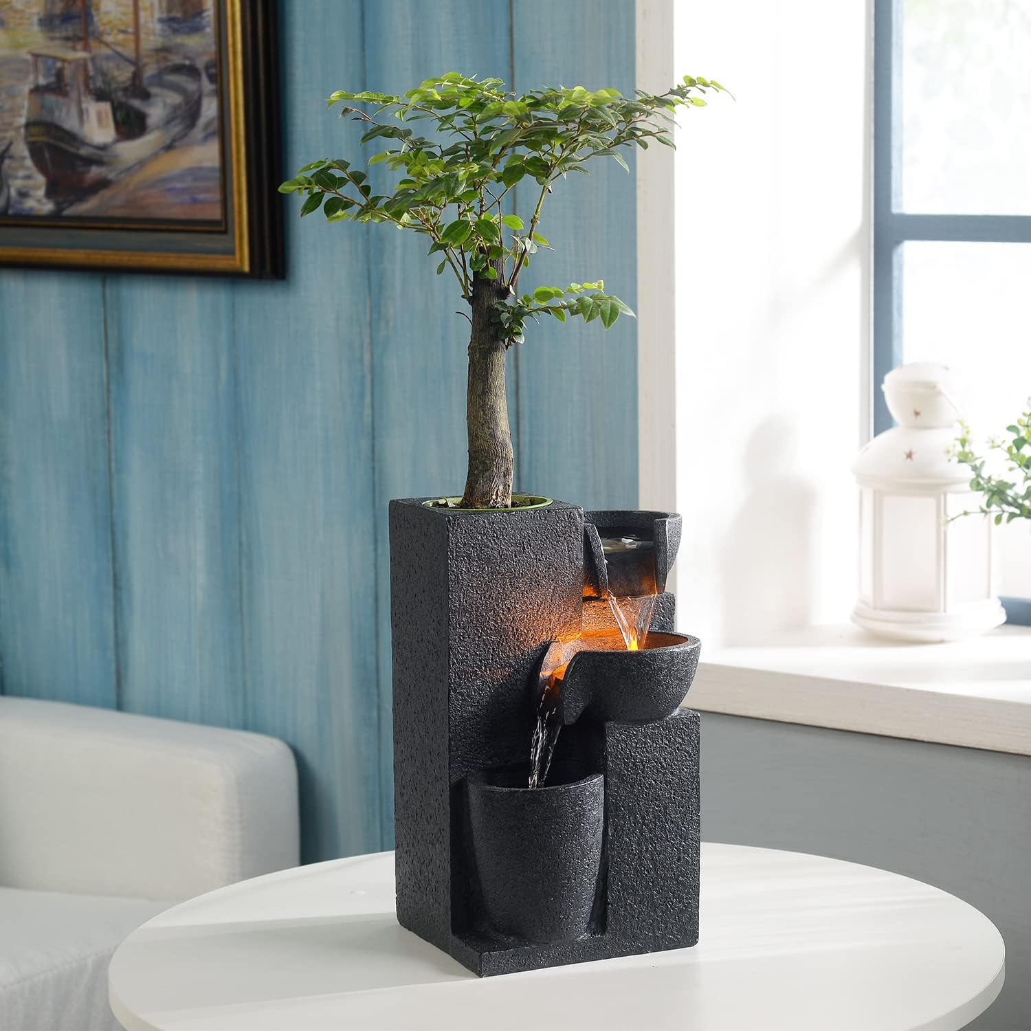 Indoor Fountains & Accessories - GOSSI Indoor Fountain Yellow Warm Led Lighting Decorative 3-Bowl Soothing Sound Tabletop Fountains with a Small Plastic Pot to Grow The Plant by Yourself(Auto Watering)(22028)