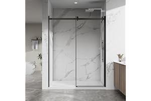 Bathenum 60.in W x 72.in H Frameless Shower Door Single Sliding, 1/4 inch Thick Clear Tempered Glass Shower Door with Zinc Roller Rail System, Stainless Steel Handle, Matte Black