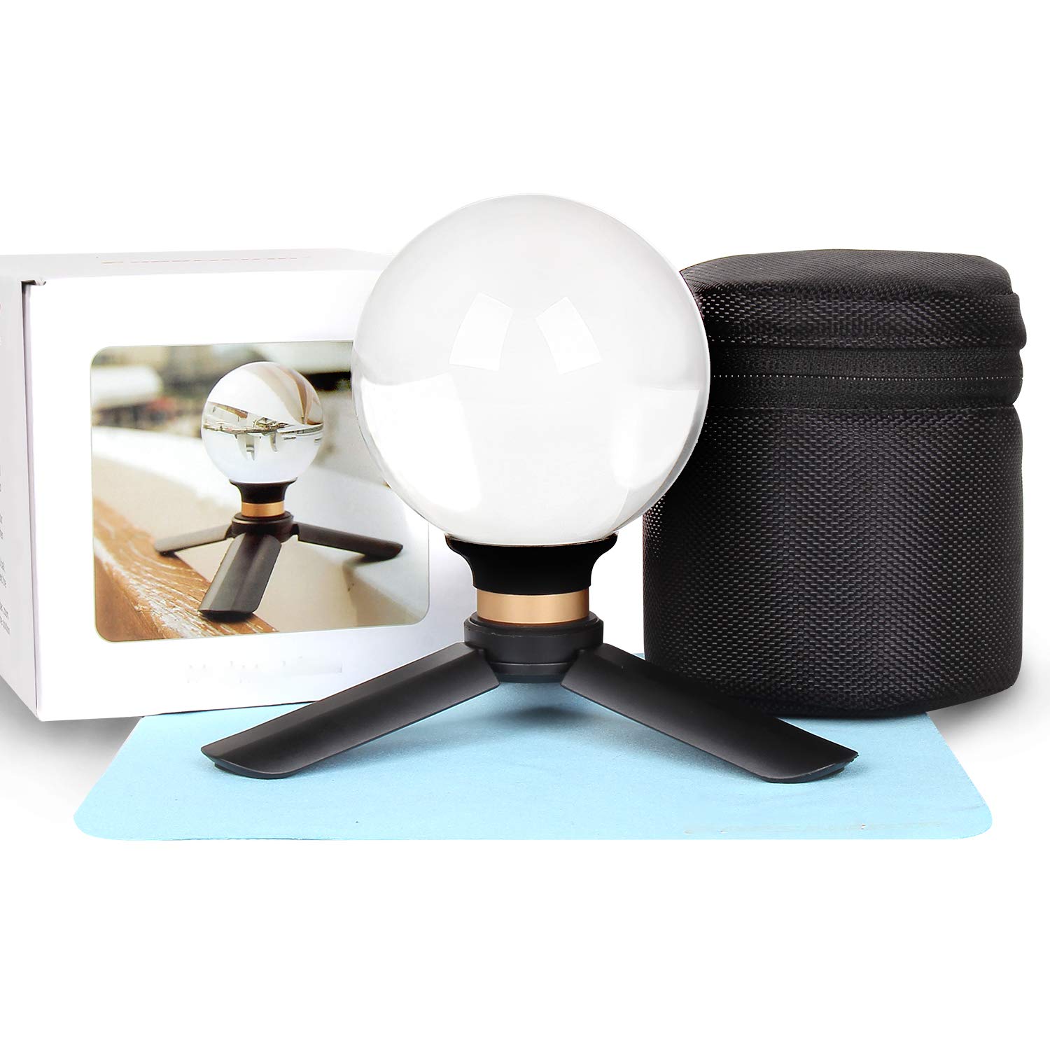 Besnfoto Crystal Ball Photography K9 Lens Ball Sphere 60mm with Mini Tripod and Suction Mount Stand Clear Glass Ball Fortune Teller Glass Ornaments Art Decorations with Padded Shockproof Sleeve Bag