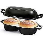 Mini Double Dutch Oven for Sourdough Bread Baking, 2.6QT (Black) | Enamelled Cast Iron Bread Pan with Lid, Double Round Loaf Space, 16.5cm Diameter, Mini Double Dutch Oven for Homemade Baking