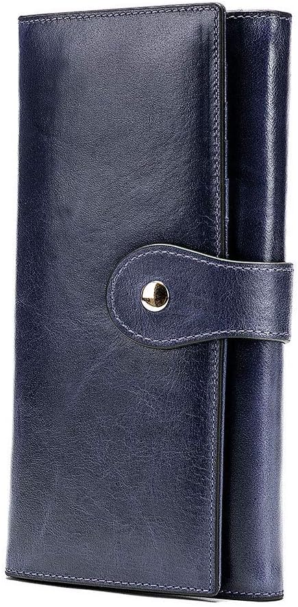 Genuine Leather Purse for Women Large Capacity Zipper Travel Card Holder Wallet - Dark Blue