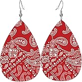 Red Bandanna Paisley Faux Leather Teardrop Earrings for Women Drop Dangle Earrings