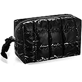 URSKYTOUS Quilted Makeup Bag for Women Girls Large Black Cosmetic Bag Cute Puffer Aesthetic Zipper Makeup Pouch for Purse Portable Waterproof Travel Toiletry Bag Makeup Brushes Skincare Bag Organizer