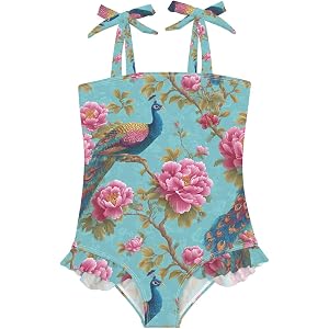 Peacock & Floral Toddler Swimsuit Girls Swimwear Bow Straps Ruffle Sling Adjustable One Piece Bathing Suits