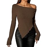 Milumia Women's Sexy Ribbed Knit Asymmetrical Hem Long Sleeve Shirts Top One Off The Shoulder Crop Top