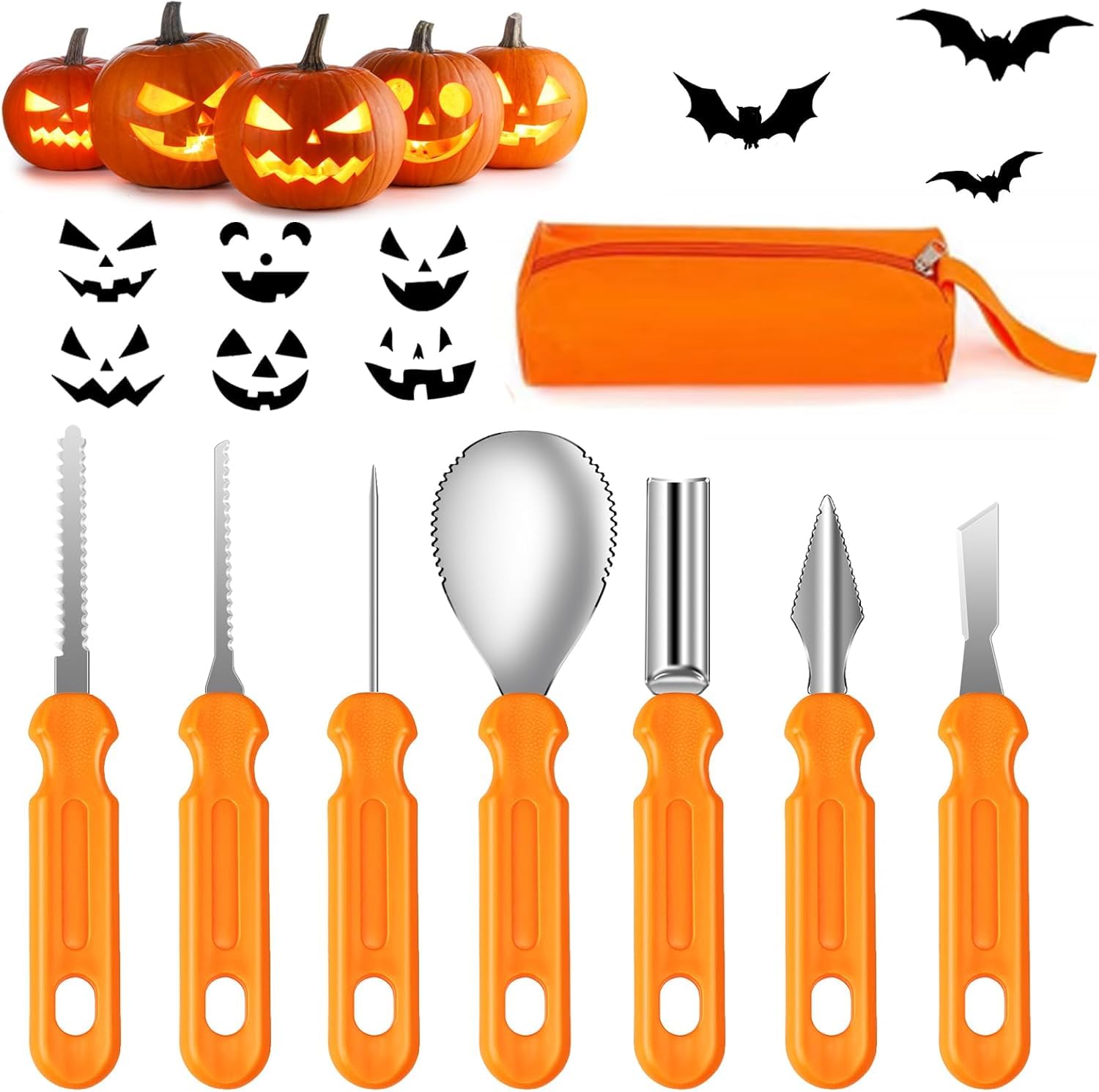 Mengine Halloween Pumpkin Carving Kit, 7 Piece Set Professional Pumpkin Carving Tools Heavy Duty Stainless Steel with Stencils and Storage Bag for Halloween Pumpkin Decorative