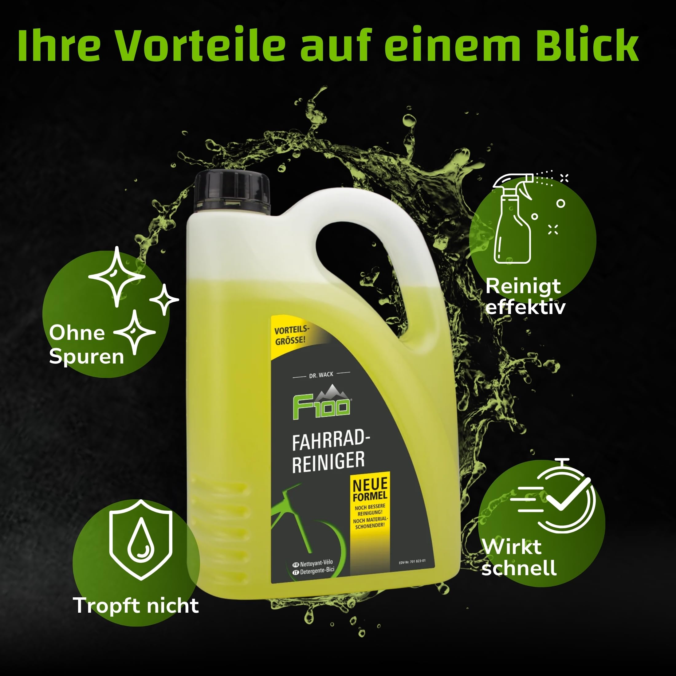 DR. WACK - F100 Fahrradreiniger 2 Liter - Reinigungsmittel für das gesamte Fahrrad - Effektives Fahrradpflegemittel - Reinigungsspray säurefrei & materialschonend - Hochwertige Fahrradpflege 4