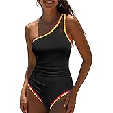popvil One Shoulder One Piece Swimsuit for Women Neon Color Block Bathing Suits Modest Full Coverage Swimwear
