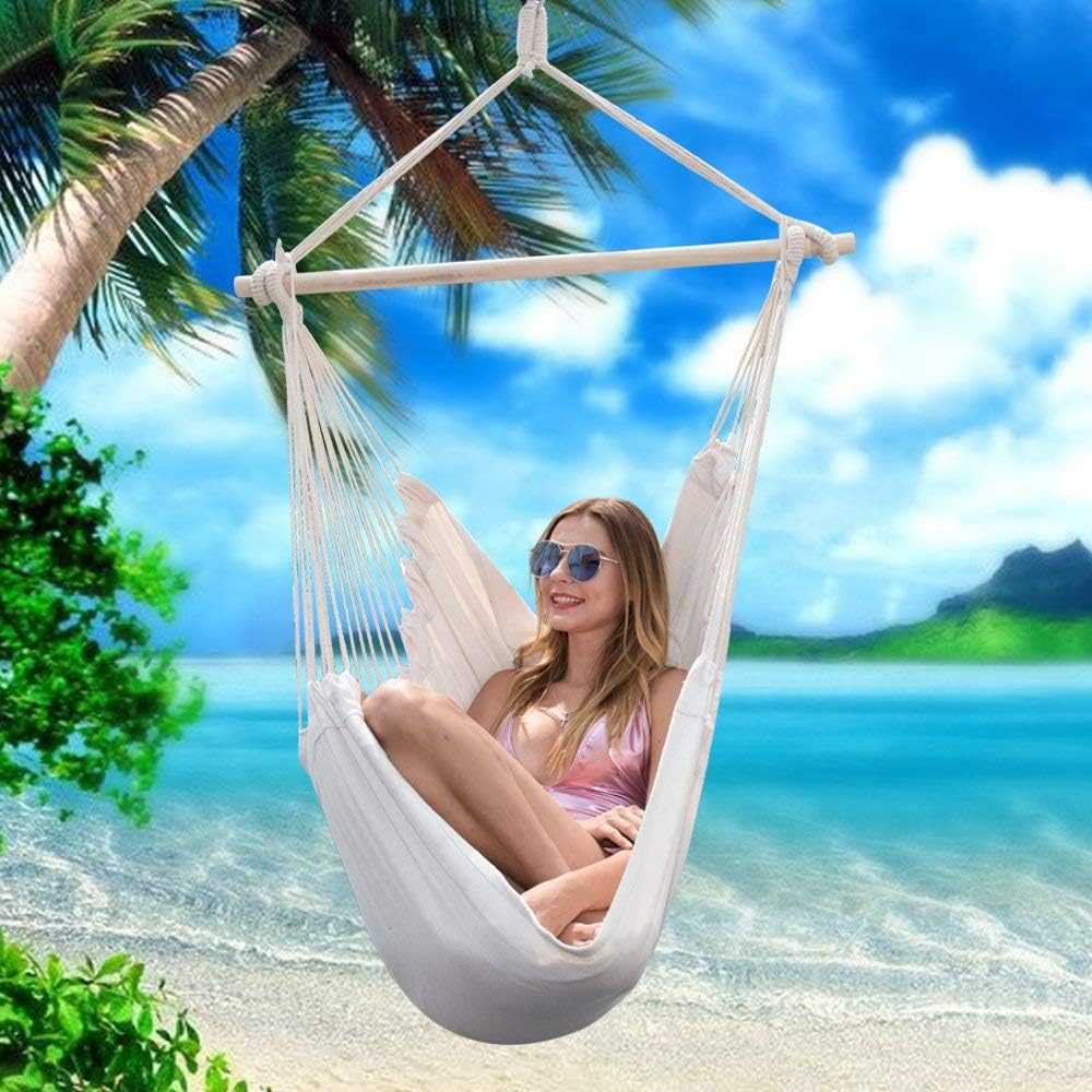 LEANO Hanging Rope Hammock Chair Swing Seat - Max 330 Lbs - Quality Cotton Weave for Superior Comfort & Durability - Hammock Net Chair Porch Chair for Yard, Bedroom, Patio, Porch, Indoor, Outdoor