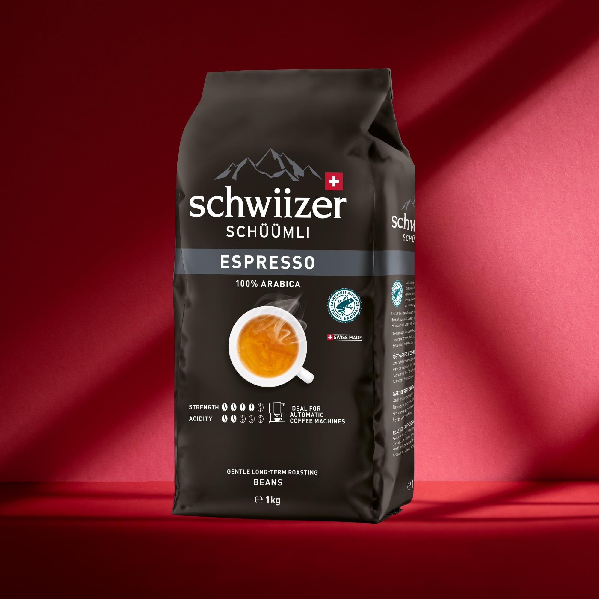 Schwiizer Schüümli Espresso, 100% Arabica Kaffeebohnen, kräftig-intensiv, ideal für Vollautomaten, Stärke 4/5, mittlere Röstung, Rainforest Alliance, 1kg 2