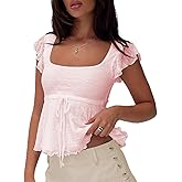 Women Y2k Square Neck Tops Cap Sleeve Ruffle Babydoll Layered Lettuce Trim Solid Color Going Out Shirts Tank Tops