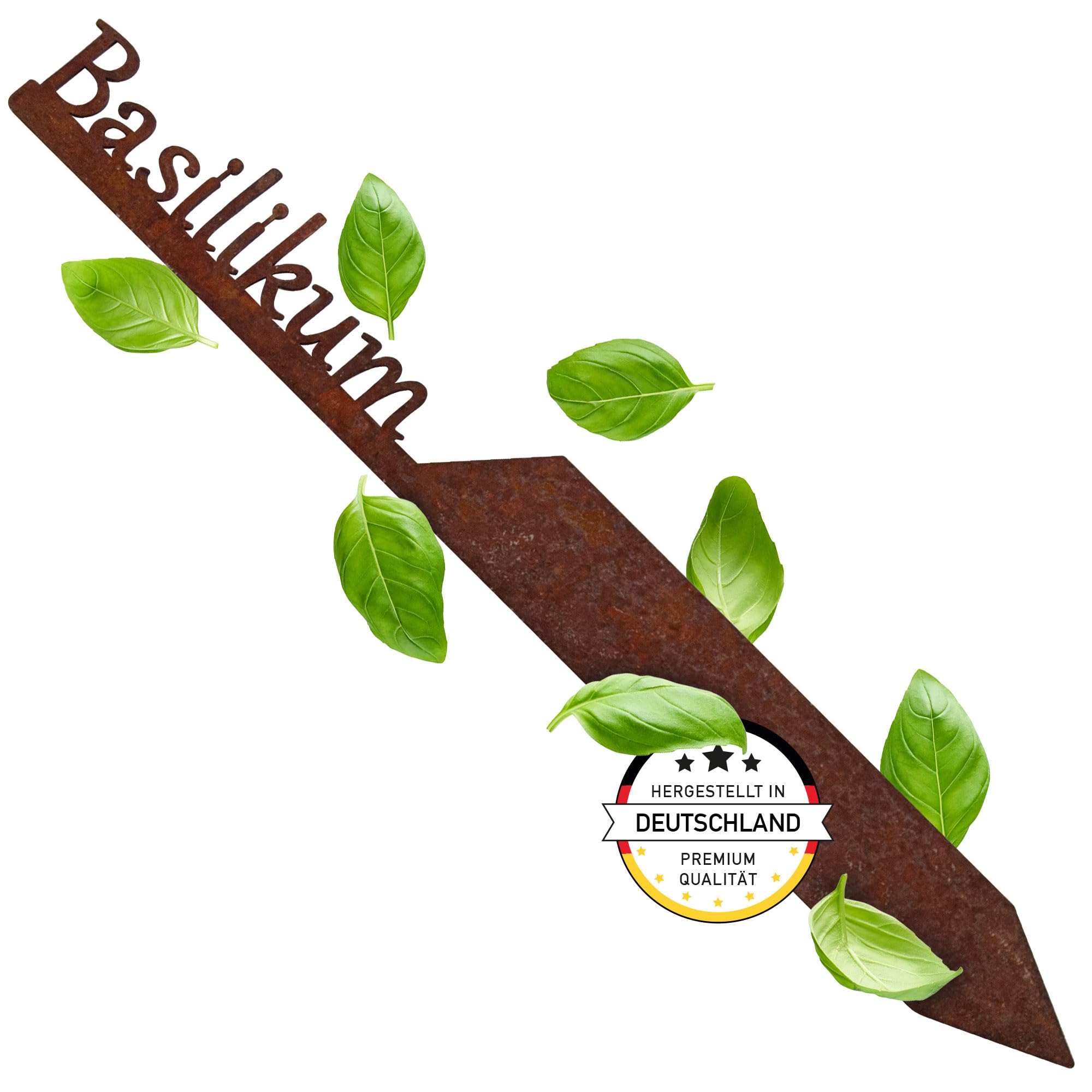 EXTRAVAGANT Basil Garden Stake, Weatherproof Metal Stake for Garden Bed Decoration, Rust Patina, 240 mm high, Made in Germany