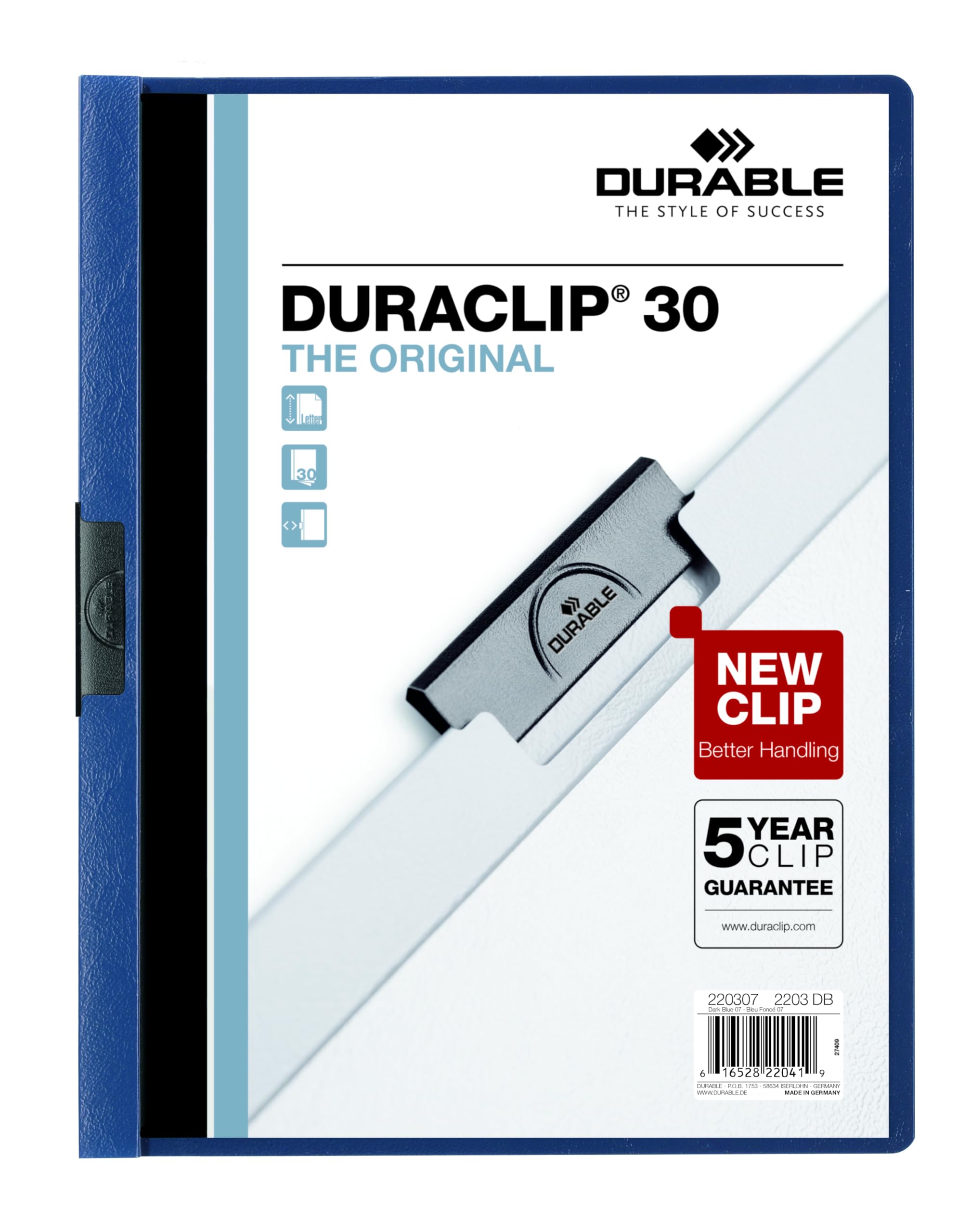 Durable Report Cover with DURACLIP, Letter-Size, Holds Up to 30 Pages, Clear Cover/Dark Blue, 25 per Box (220307BX)