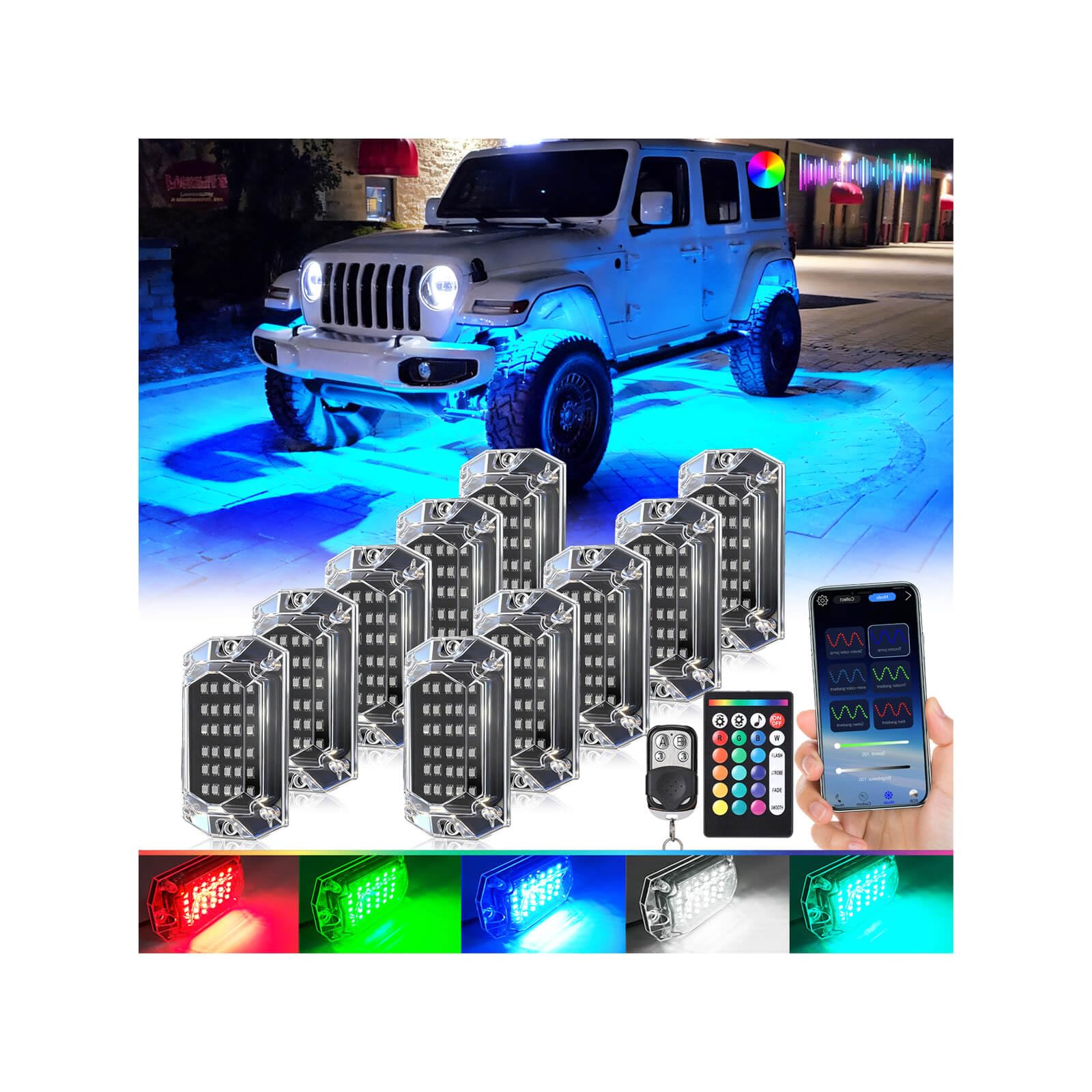 Photo 1 of 10Pods Full Angle RGB LED Rock Lights Kit for Jeep Truck ATV UTV SXS RZR SUV Golf Cart Offroad Pickup, 300Chip Waterproof Multicolor Underglow Light with APP/RF Remote, Neon Underbody Accent Light 12V