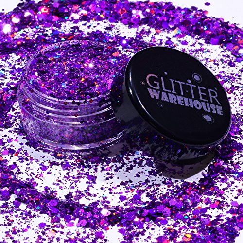 Purple Holographic Chunky Glitter ❤ GLITTERWAREHOUSE COSMETIC GLITTER ❤ Loose Glitter Powder for Festival Beauty Makeup Face Body Hair Nails Eyes Lips (10g Jar)