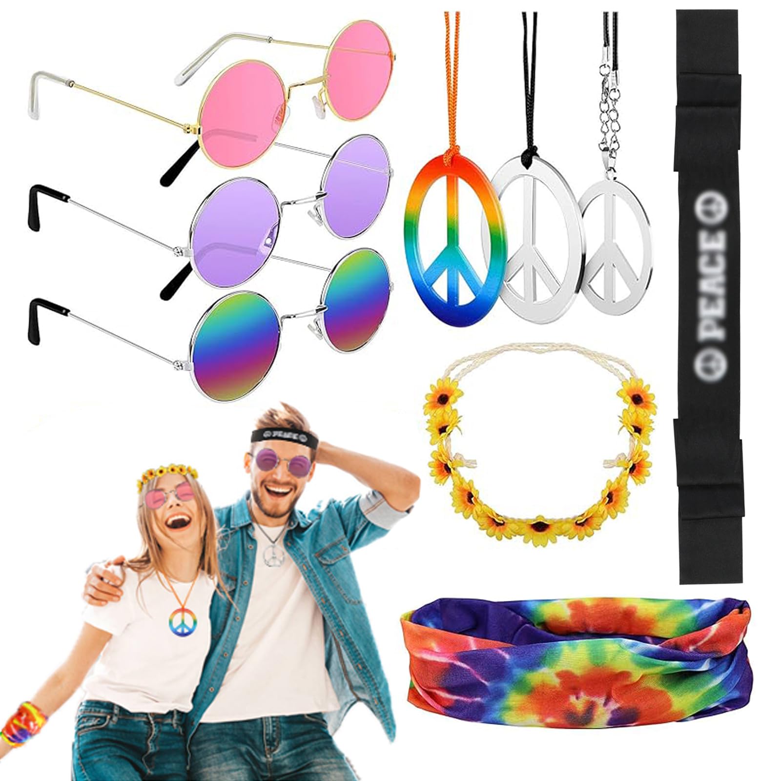 Hysagtek 9 Pieces Hippie Costume Set, 60s 70s Fancy Dress Women Mens Hippie Sunflower Headband Peace Sign Necklace Hippie Sunglasses for Kids Adults Hippy Retro Party