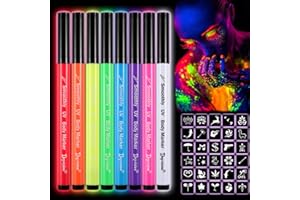 TORBERS 8 UV Body Markers Face Paint Pens Glow in The Dark Under UV Light Depvision Body Paint Kit UV Rainbow colors,Safe Makeup Smudge Proof WaterProof Washable 42 pcs Tattoo Stencils