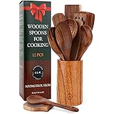 Natural Teak Wood Kitchen Utensil Set - 12 Piece Cooking Spoons & Spatulas with Large Spoon Holder & Rest, Non-Stick Heat Resistant Wooden Tools, Food-Safe Eco-Friendly Organizer