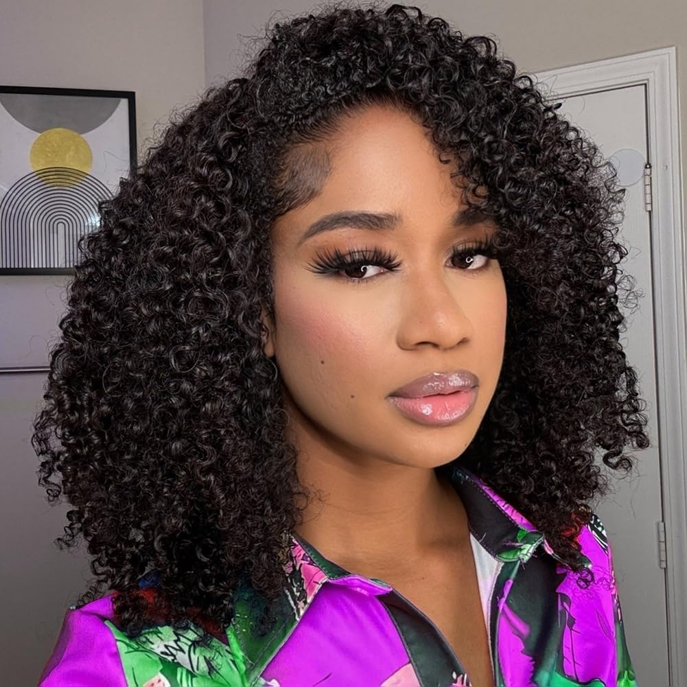 Photo 1 of Kinky Curly Half Wig Human Hair 3 In 1 Seamless Flip Over Half Wigs Drawstring Curly Half Wigs for Women Human Hair Glueless Wear and Go Half Up Half Down Headband Wig Human Hair