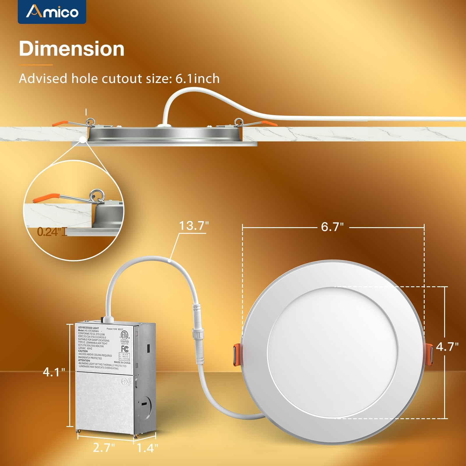 Amico 20 Pack 6 Inch 5CCT LED Recessed Ceiling Light with Night Light, 2700K/3000K/3500K/4000K/5000K Selectable Ultra-Thin Recessed Lighting, 12W=110W, 1100LM, Dimmable Canless Wafer Downlight ETL&FCC