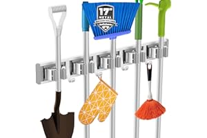 reliahom Broom Holder Mop Hanger Wall Mount Metal Organization Garage Storage System Garden Kitchen Tool Organizer(5 Racks with 4 Hooks, Silver)