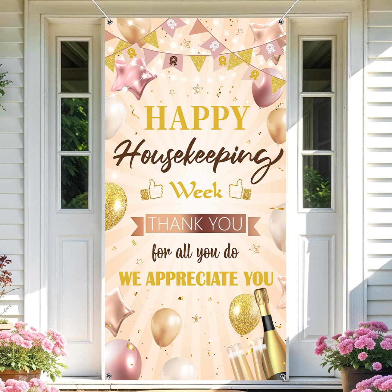 Photo 1 of Housekeeping Week Decorations Door Banner Cover 35.4x70.8 Inches Happy Housekeeping Week Themed Hanging Background Door Cover for Party Supplies Door Decorations