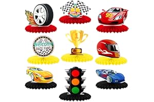 INBAGI 9 Pieces Race Car Party Decorations Race Car Honeycomb Centerpieces Racing Party Table Decor Double-Sided Cars Photo Booth Props for Birthday Baby Shower Race Car Theme Party Supplies