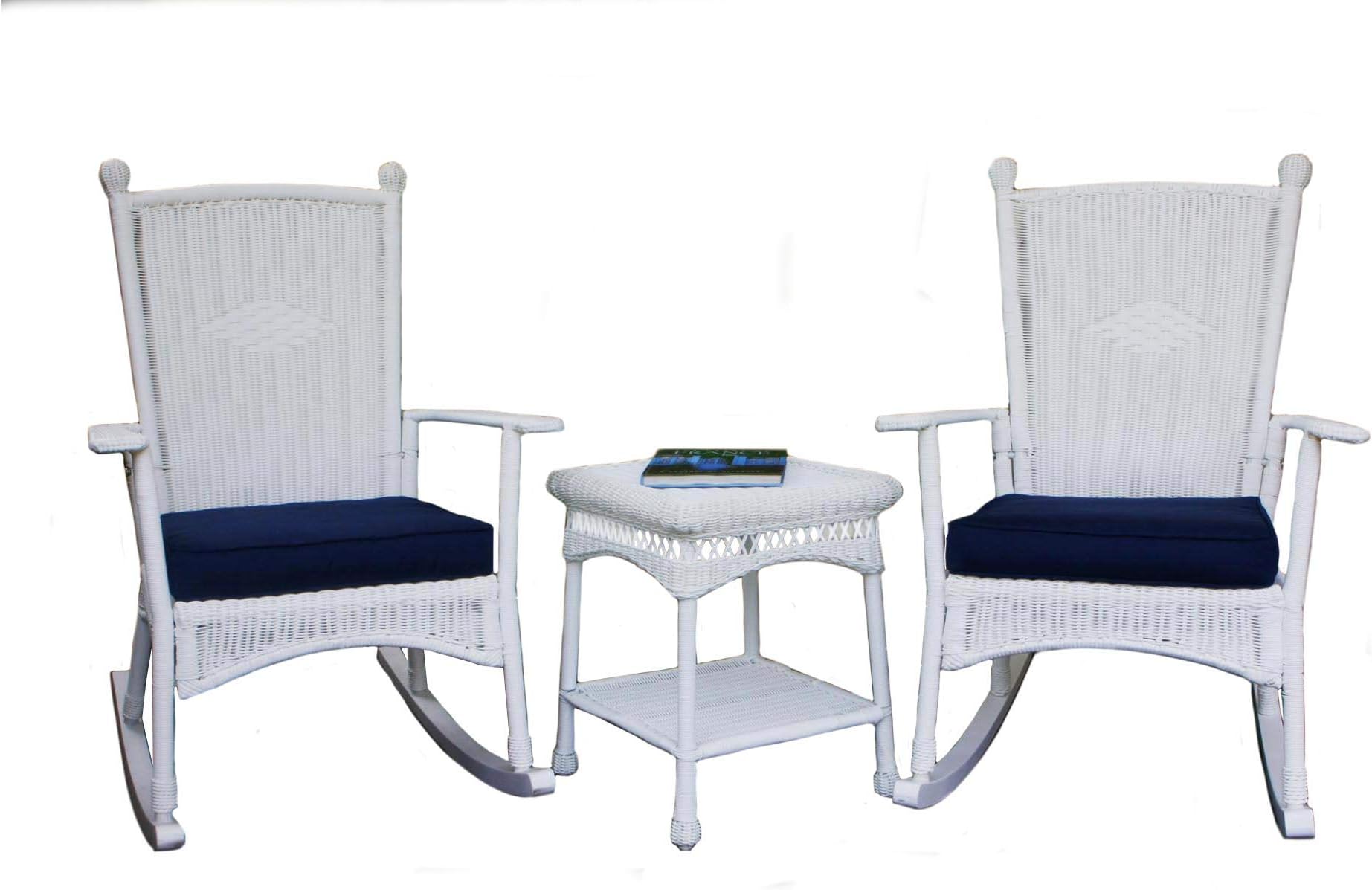Portside Classic Rocking Chair Set - White Wicker and Navy Cushions