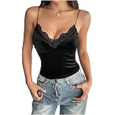 WDIRARA Women's Lace Velvet Camisole Tops V Neck Spaghetti Strap Padded Cami Top