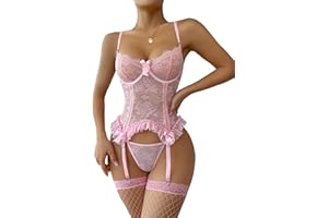 WDIRARA Women's Sexy Lingerie Set Floral Lace Garter Bustier Lingerie Set with 1Pair Fishnet Stocking