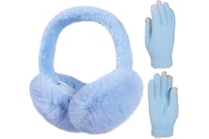 LiuSuper Kids EarMuffs Gloves Set, Foldable Fluffy Winter Ear Warmer Touchscreen Mittens for Skiing SnowPlay Girls Boys 7-12Y