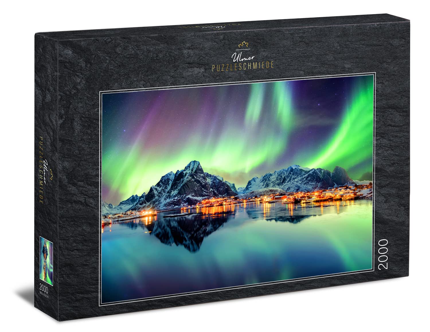 Ulmer Puzzleschmiede - Puzzle "Lights Dance of the North" - 2000 Pieces - Norwegian Puzzle Motif with North Lights in the Night Sky Over Fishing Villages on Lofoten, Norway