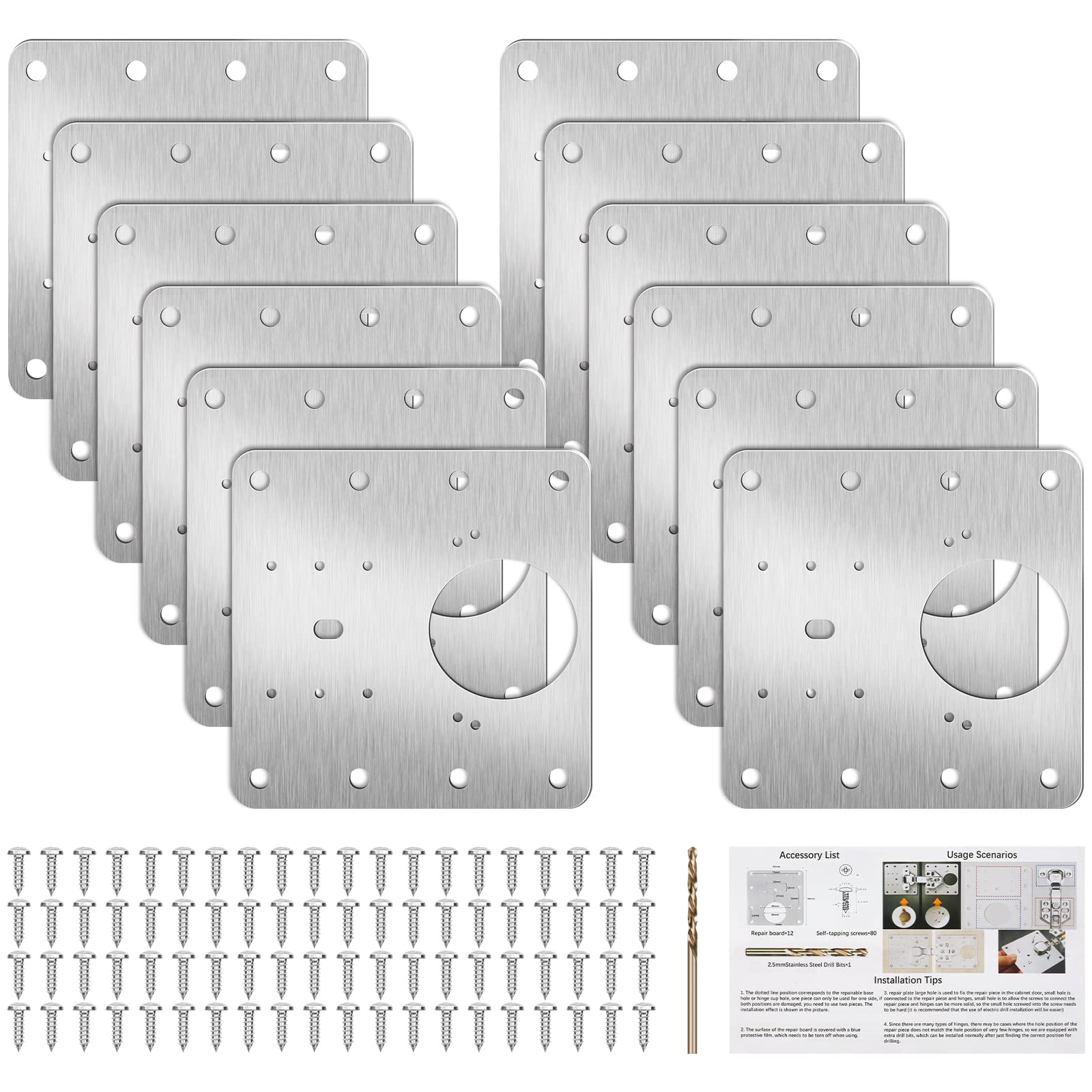 Thrilez 12PCS Cabinet Hinge Repair Kit with 80 Screws, Kitchen Door Hinge Repair Plate with Holes, Stainless Steel for Wood Furniture