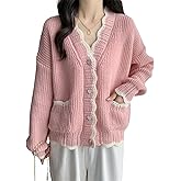 FindThy Women’s Cute Cardigan Sweater Kawaii V-Neck Long Sleeve Heart Button Color-Blocked Knit Outerwear
