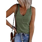 MEROKEETY Women's 2026 Summer Sleeveless Tank Tops V Neck Ribbed Dressy Casual Henley Shirts Button Loose Cami Tees