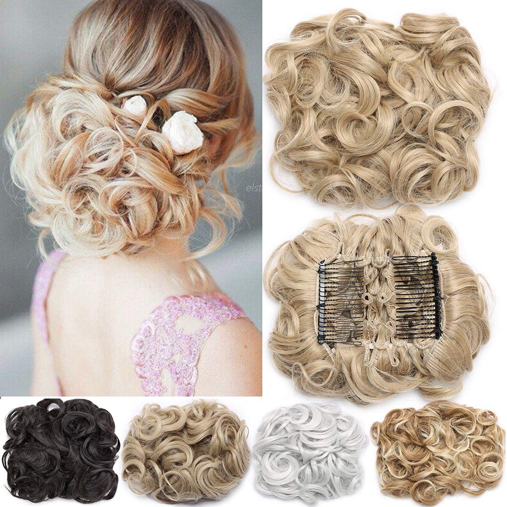 Short Messy Curly Dish Hair Bun Extension Easy Stretch hair Combs Clip in Ponytail Extension Scrunchie Chignon Tray Ponytail Hairpieces Sandy Blonde & Bleach Blonde — image 1