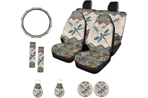 Xoenoiee Boho Mandala and Dragonfly Print Car Seat Covers and Accessories, Front Rear Seat Covers, Steering Wheel Cover, Seat Belt Pads, Coasters, Keychains for Car SUV Decor, 11 PCS Set