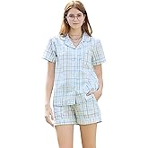 LYCY Women 100% Cotton Cute Short Pajama Set 2 Piece Casual Lounge Sets Y2k Plaid Pj Set