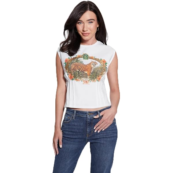 GUESS Women's Eco Sleeveless Isabeau Corset Top, Foamy Taupe at Women's Clothing store