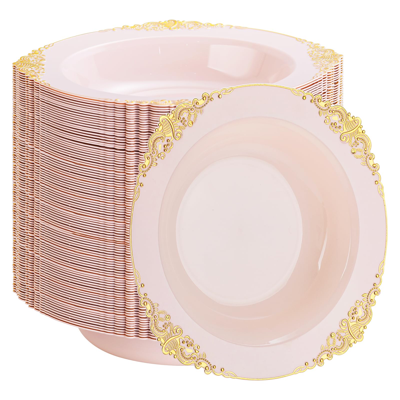 Photo 1 of Joyido 100PCS Pink Plastic Bowls - 12 oz Pink Gold Disposable Salad Bowls - Heavy Duty Disposable Soup Bowl - Fancy Plastic Ice Cream Bowl for Weddings Parties Dinners Picnics