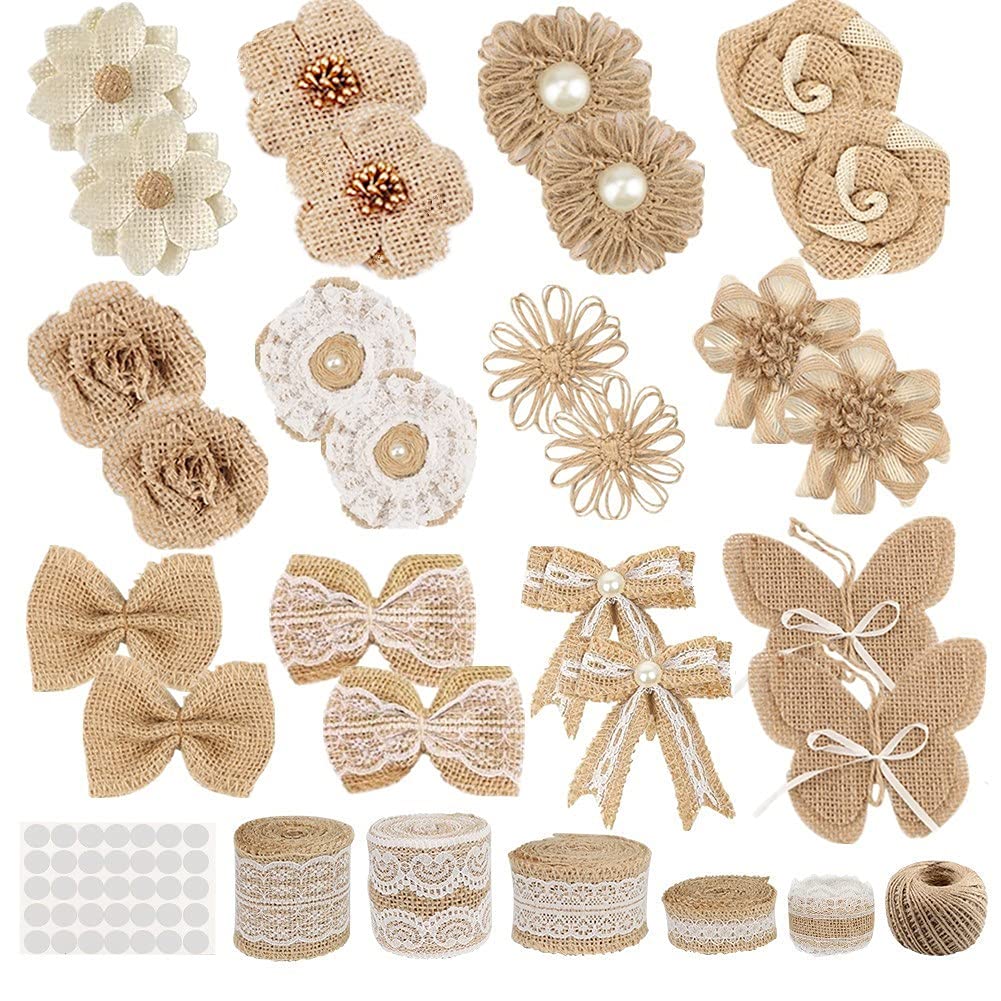 GUIFIER Burlap Hessian Flowers Set - 24 Burlap Flowers, 5 Lace Ribbon Rolls, 1 Twine Ribbon, Glue Point for Wedding Party Decor & DIY Crafts