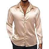 Hi-Tie Men's Silk Satin Dress Shirts Long Sleeve Shiny Casual Button Up Shirts Luxury Party Disco Prom Wedding Shirt