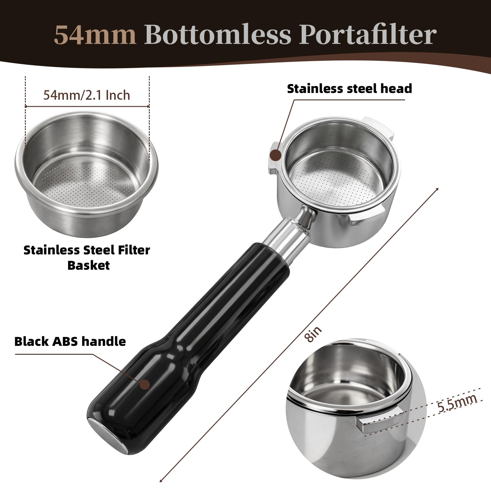 Condition photo showing New/Like New for 54mm bottomless portafilter 3 ears espresso portafilter with 18-20g basket fit breville bambino bari