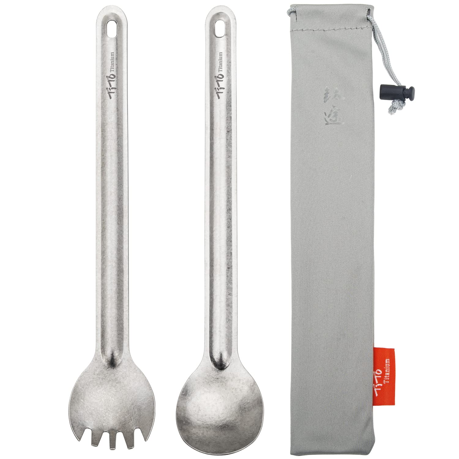 TiTo titanium Long Handle Spork and Spoon Eco-Friendly Ultralight Portabale Flatware for Outdoor Camping Backpacking Hiking Travel Picnic Tableware with Bag(2pcs Titanium)