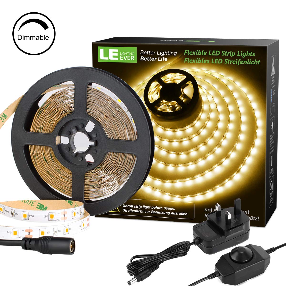 LE Dimmable LED Strips Lights Kit, 5M 1200lm, Warm White 3000K, 300