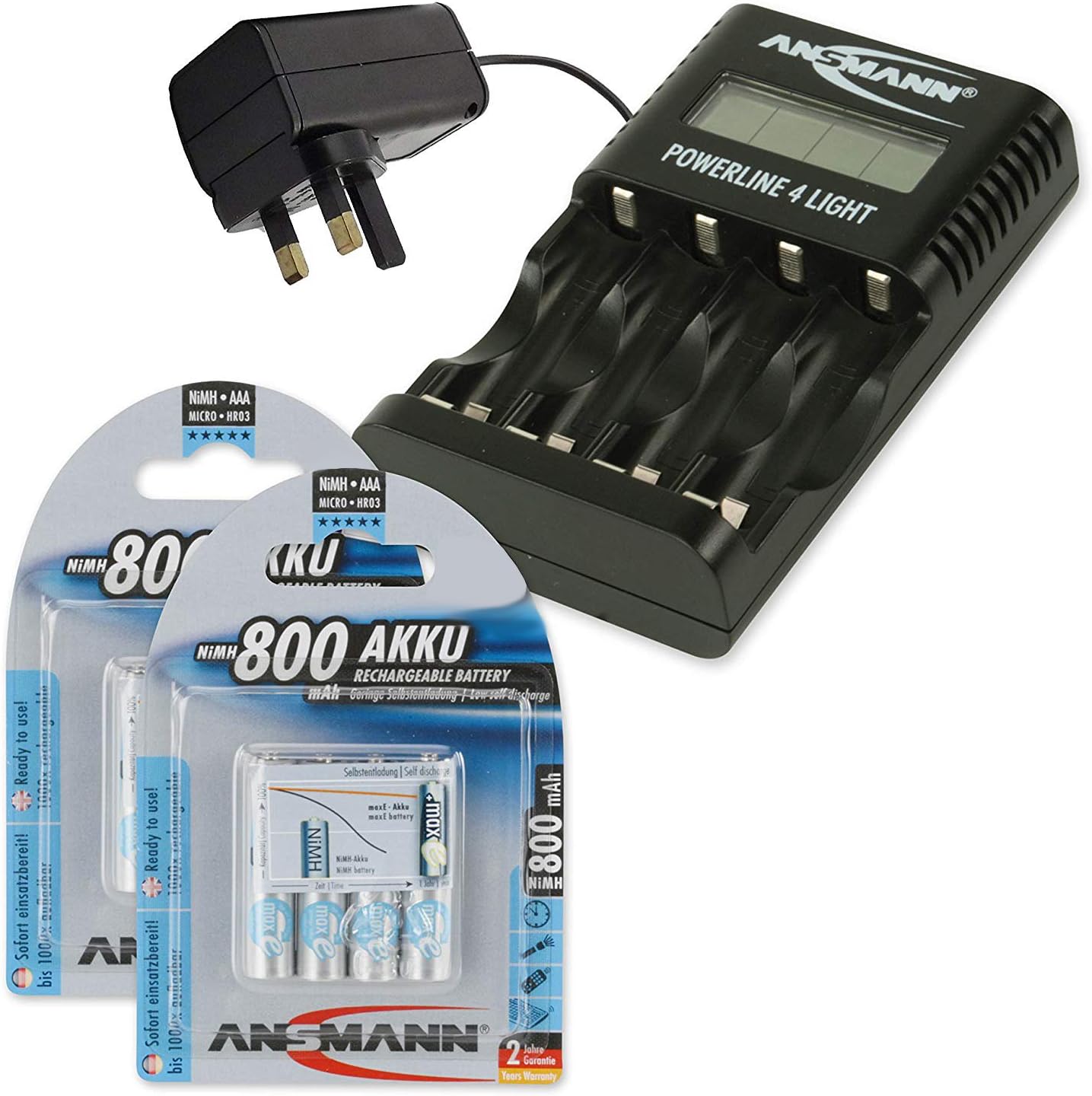 ANSMANN Powerline 4 Light"UK & Euro" Smart Battery Charger for AA & AAA Rechargeable Batteries + 8x ANSMANN 800mAh AAA Rechargeable Batteries